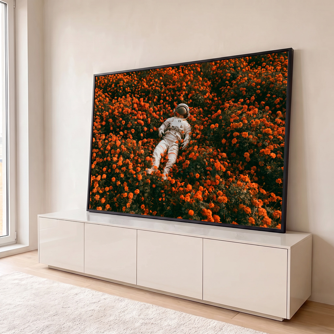 Quadro Decorativo Grande Astronauta Deitado para Sala | quadros decorativos para sala | astronauta deitado em campo denso de flores laranja com capacete refletindo as pétalas | em Quadros para Sala | Porao dos Quadros