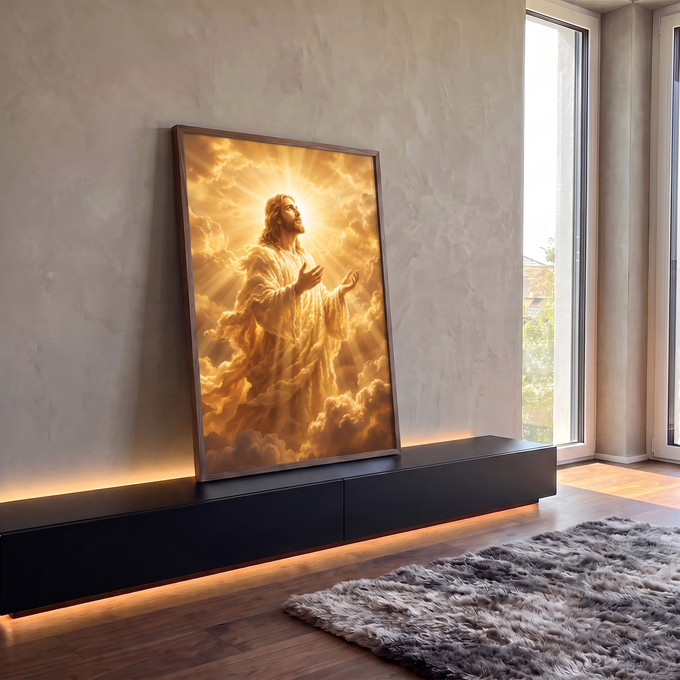 Quadro Decorativo Grande Jesus Cristo Luz Dourada para Sala | quadros decorativos para sala | Jesus Cristo de manto branco e dourado com braços abertos entre nuvens iluminadas | em Quadros para Sala | Porao dos Quadros