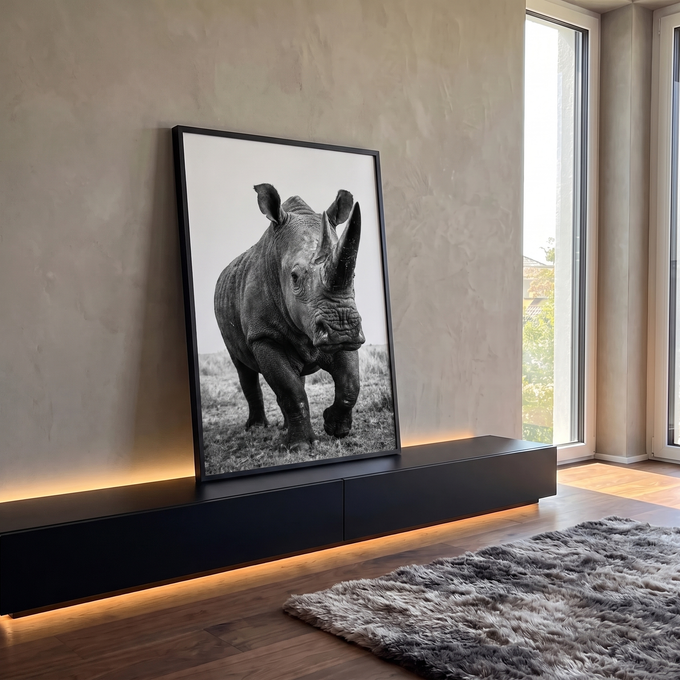 Rinoceronte caminhando de frente com chifres em destaque, fotografia preto e branco, quadro decorativo