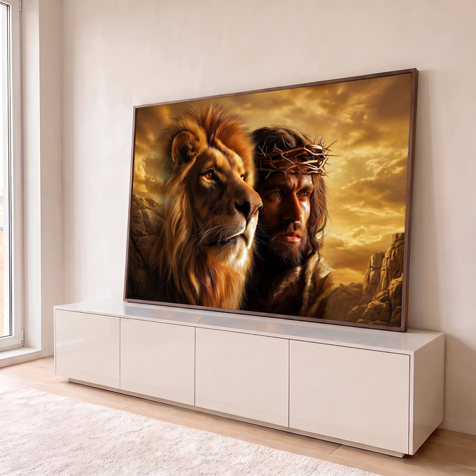 Quadro Decorativo Grande Leão Jesus Coroa para Sala Dourado | quadros decorativos para sala | leão de juba dourada ao lado de Jesus com coroa de espinhos sob céu dramático | em Quadros para Sala | Porao dos Quadros
