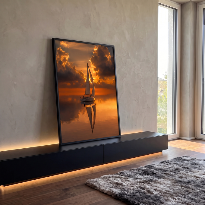 Veleiro navegando em mar calmo refletido sob pôr do sol laranja e nuvens douradas, quadro decorativo