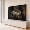 Quadro Decorativo Grande Gorila de Terno para Sala Preto | quadros decorativos para sala | gorila de terno e chapéu segurando maços de dólares com corrente de ouro | em Quadros para Sala | Porao dos Quadros