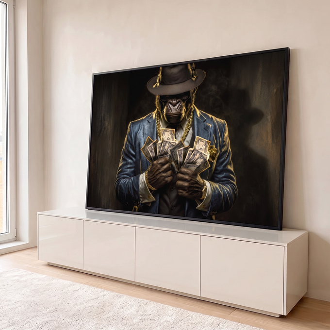 Quadro Decorativo Grande Gorila de Terno para Sala Preto | quadros decorativos para sala | gorila de terno e chapéu segurando maços de dólares com corrente de ouro | em Quadros para Sala | Porao dos Quadros