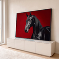 Quadro Decorativo Grande Cavalo Crina para Sala Preto | quadros decorativos para sala | cavalo preto de perfil com crina longa sobre fundo vermelho vibrante | em Quadros para Sala | Porao dos Quadros