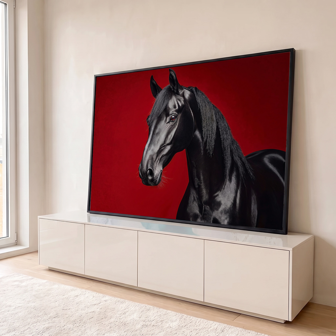 Quadro Decorativo Grande Cavalo Crina para Sala Preto | quadros decorativos para sala | cavalo preto de perfil com crina longa sobre fundo vermelho vibrante | em Quadros para Sala | Porao dos Quadros