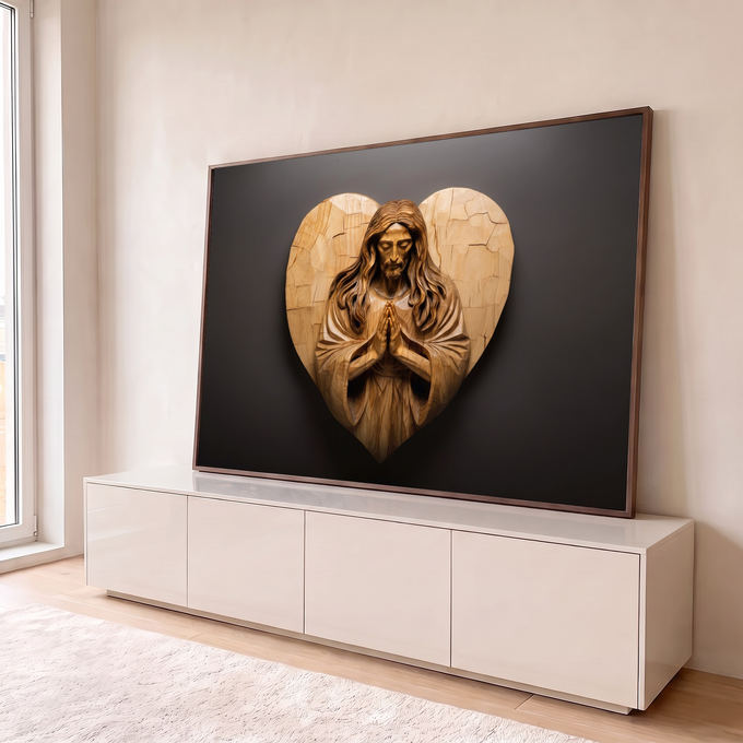 Quadro Decorativo Grande Jesus Madeira Entalhada para Sala | quadros decorativos para sala | entalhe em madeira de Jesus em oração dentro de formato de coração | em Quadros para Sala | Porao dos Quadros