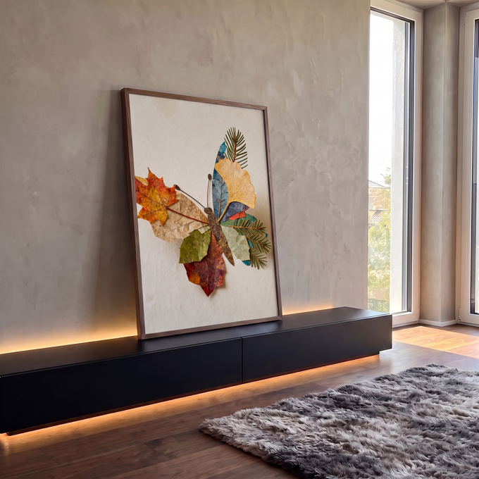Borboleta de folhas secas coloridas, ginkgo amarelo e ramos de pinheiro sobre fundo bege, quadro decorativo