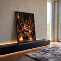 Quadro Decorativo Grande Última Ceia Jesus para Sala Marrom | quadros decorativos para sala | cena da Última Ceia com Jesus e discípulos reunidos à mesa iluminada por velas | em Quadros para Sala | Porao dos Quadros