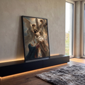 Quadro Decorativo Grande Cristo Crucificado para Sala Branco | quadros decorativos para sala | Cristo crucificado com coroa de espinhos amparado por dois anjos e mulher orando | em Quadros para Sala | Porao dos Quadros