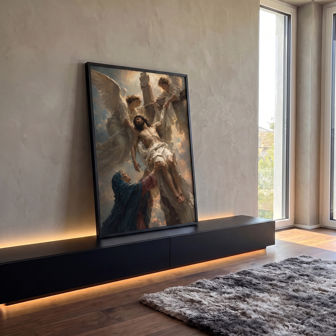 Quadro Decorativo Grande Cristo Crucificado para Sala Branco | quadros decorativos para sala | Cristo crucificado com coroa de espinhos amparado por dois anjos e mulher orando | em Quadros para Sala | Porao dos Quadros
