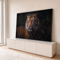 Quadro Decorativo Grande Tigre Olhar Laranja para Sala | quadros decorativos para sala | retrato de tigre com olhos amarelos e listras pretas sobre fundo escuro | em Quadros para Sala | Porao dos Quadros