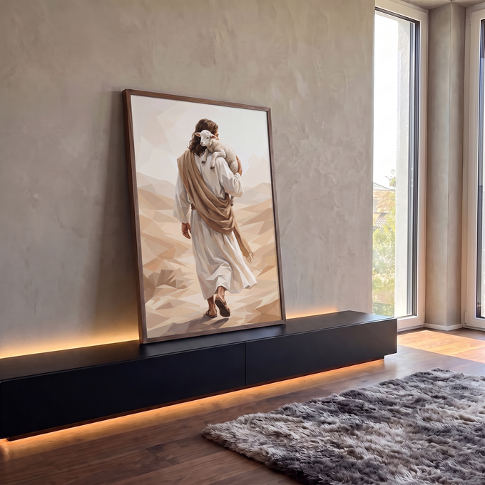 Quadro Decorativo Grande Bom Pastor para Sala Bege | quadros decorativos para sala | figura de costas carregando cordeiro nos ombros em deserto geométrico bege e branco | em Quadros para Sala | Porao dos Quadros