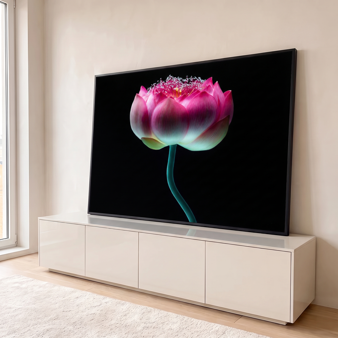 Quadro Decorativo Grande Flor de Lótus para Sala Rosa | quadros decorativos para sala | lótus rosa em close-up com estames brancos sobre fundo preto | em Quadros para Sala | Porao dos Quadros
