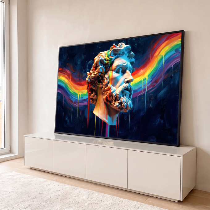 Busto grego de Zeus com tinta arco-íris escorrendo sobre fundo azul-marinho pincelado, quadro decorativo