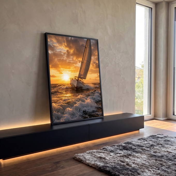 Quadro Decorativo Grande Veleiro Branco para Sala Laranja | quadros decorativos para sala | veleiro branco cortando ondas douradas sob céu de pôr do sol dramático | em Quadros para Sala | Porao dos Quadros