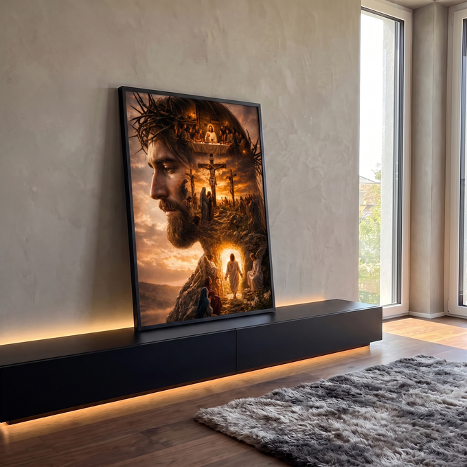 Quadro Decorativo Grande Jesus para Sala Laranja | quadros decorativos para sala | rosto de Jesus com coroa de espinhos fundido a cenas da Última Ceia e Crucificação | em Quadros para Sala | Porao dos Quadros