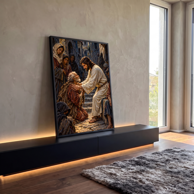 Quadro Decorativo Grande Jesus Cura Mendigo para Sala Bege | quadros decorativos para sala | Jesus com manto branco curando idoso mendigo ajoelhado numa rua de pedra | em Quadros para Sala | Porao dos Quadros