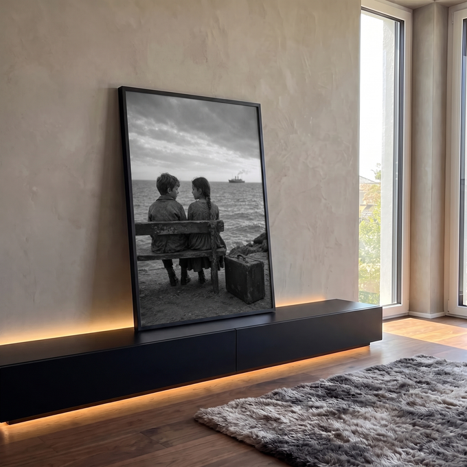 Menino e menina em banco de madeira à beira-mar, mala antiga e navio a vapor, foto P&B, quadro decorativo