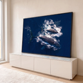 Quadro Decorativo Grande Baleias Jubarte para Sala Azul | quadros decorativos para sala | duas baleias jubarte emergindo do oceano azul com respingos de espuma branca vistas de cima | em Quadros para Sala | Porao dos Quadros