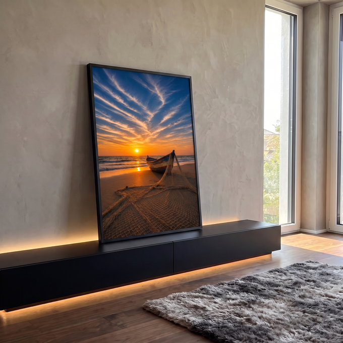 Quadro Decorativo Grande Barco de Pesca para Sala Laranja | quadros decorativos para sala | barco de pesca colorido na areia com rede estendida sob pôr do sol dourado | em Quadros para Sala | Porao dos Quadros