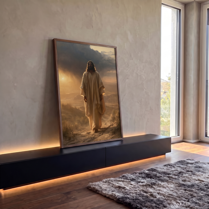 Quadro Decorativo Jesus Caminhando no Deserto ao Entardecer | quadros decorativos para sala | homem de manto bege caminhando em deserto ao pôr do sol dourado | em Quadros para Sala | Porao dos Quadros