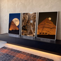Quadro Decorativo Kit 3 Telas Pirâmides do Egito para Sala | quadros decorativos para sala | tríptico com pirâmides, lua cheia, rainha egípcia em trono dourado e camelos no deserto | em Quadros para Sala | Porao dos Quadros