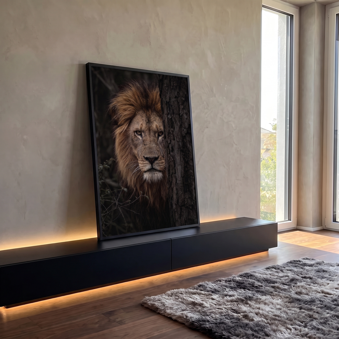 Quadro Decorativo Grande Leão Escondido para Sala Marrom | quadros decorativos para sala | leão com juba dourada espreitando atrás de um tronco de árvore, olhar fixo | em Quadros para Sala | Porao dos Quadros