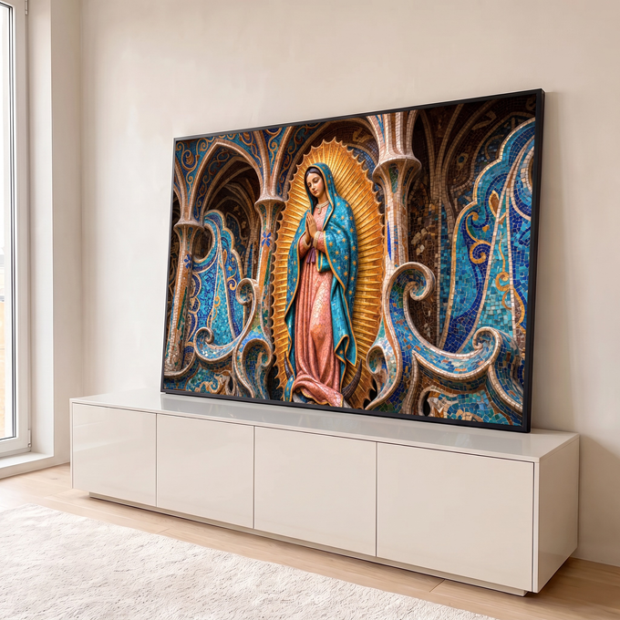Quadro Decorativo Grande Nossa Guadalupe Mosaico para Sala | quadros decorativos para sala | Nossa Senhora de Guadalupe em mosaico azul e dourado dentro de nicho ornamentado | em Quadros para Sala | Porao dos Quadros