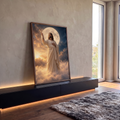 Quadro Decorativo Grande Figura Sagrada para Sala Dourado | quadros decorativos para sala | homem de manto bege diante de lua gigante entre nuvens douradas e céu estrelado | em Quadros para Sala | Porao dos Quadros