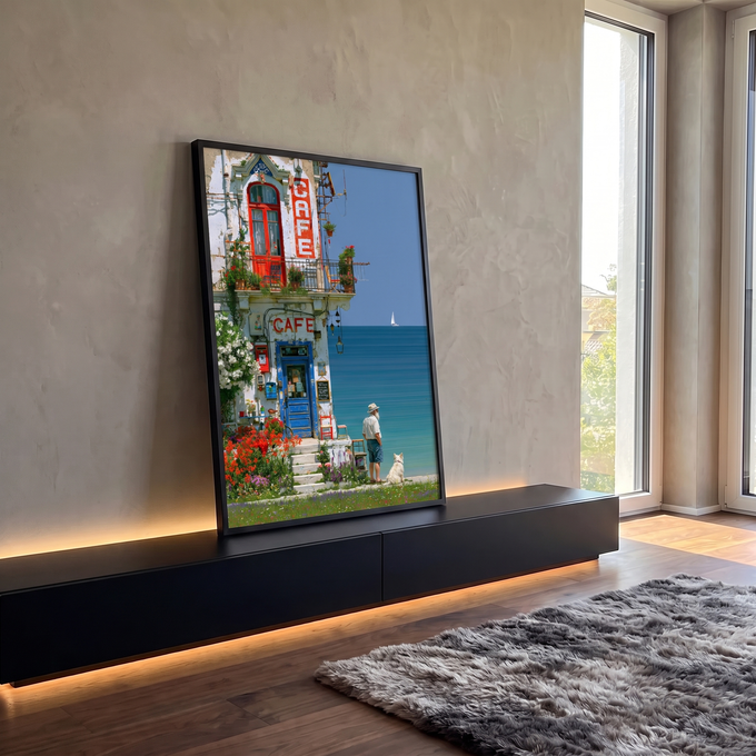 Café antigo à beira-mar com portas coloridas, senhor e cachorro branco olhando o veleiro, quadro decorativo
