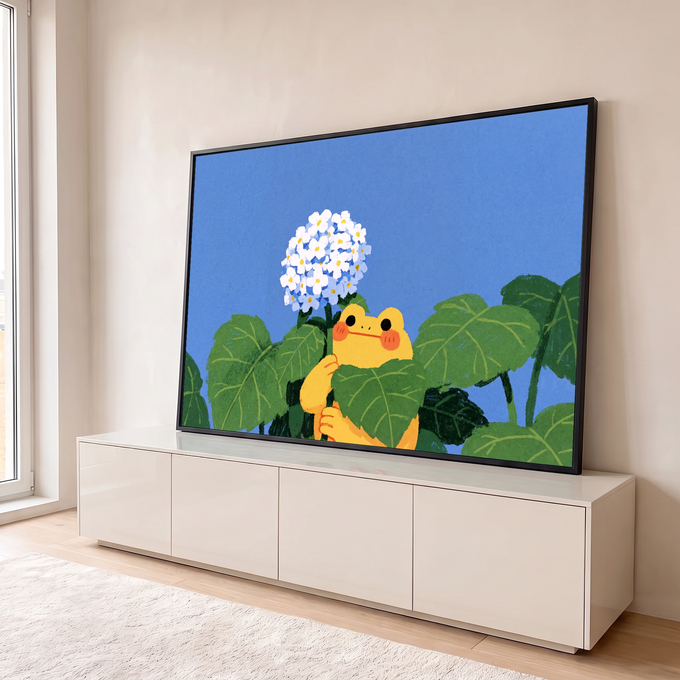 Quadro Decorativo Grande Sapo Amarelo para Quarto Azul | quadros decorativos para sala | sapo amarelo fofo segurando folha verde com hortênsia azul e branca ao fundo | em Quadros para Quarto | Porao dos Quadros