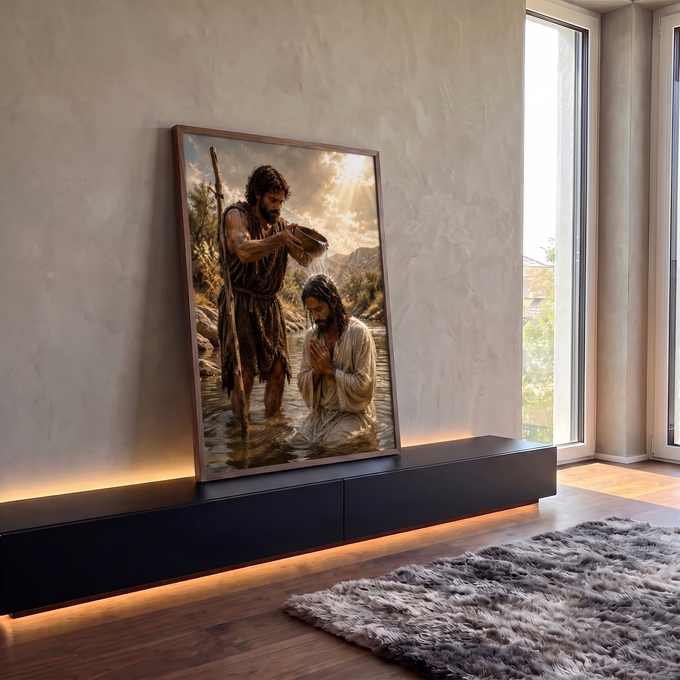 Quadro Decorativo Grande Batismo de Jesus para Sala Marrom | quadros decorativos para sala | homem derramando água sobre outro ajoelhado em oração durante cena de batismo à beira de rio | em Quadros para Sala | Porao dos Quadros