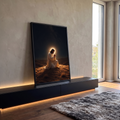 Quadro Decorativo Grande Jesus em Oração Preto para Sala | quadros decorativos para sala | homem ajoelhado em oração com halo dourado sob céu estrelado | em Quadros para Sala | Porao dos Quadros