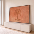 Quadro Decorativo Grande Árvore da Relevo para Sala Dourado | quadros decorativos para sala | árvore da vida dourada em relevo sobre fundo terracota texturizado | em Quadros para Sala | Porao dos Quadros