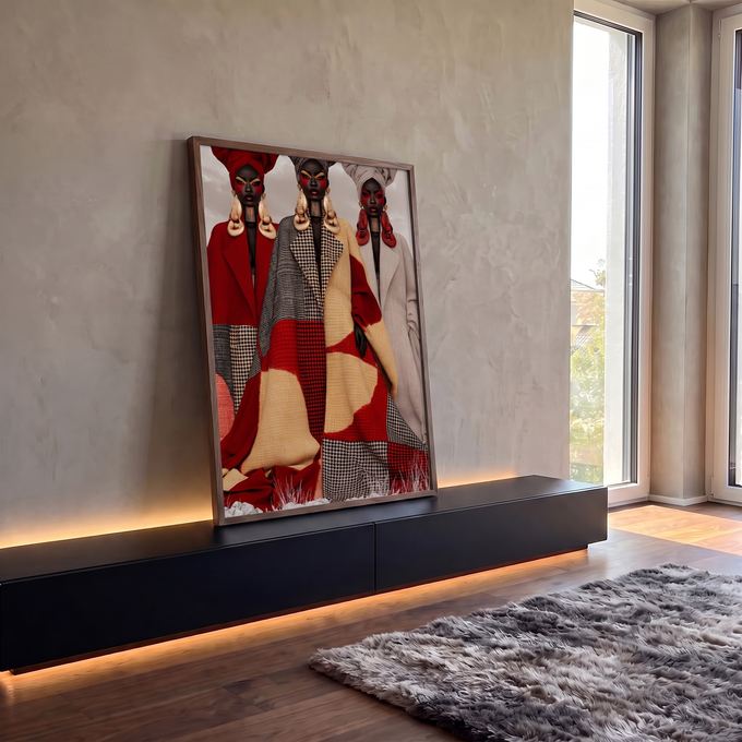 Quadro Decorativo Trio de Mulheres com Turbantes e Capas | quadros decorativos para sala | três mulheres com turbantes coloridos, maquiagem vermelha e capas estampadas em xadrez | em Quadros para Sala | Porao dos Quadros