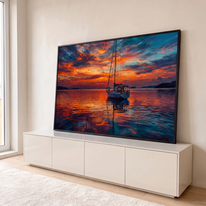 Quadro Decorativo Grande Veleiro ao Pôr do Sol para Sala | quadros decorativos para sala | veleiro branco ancorado sob céu de pôr do sol em laranja e azul | em Quadros para Sala | Porao dos Quadros