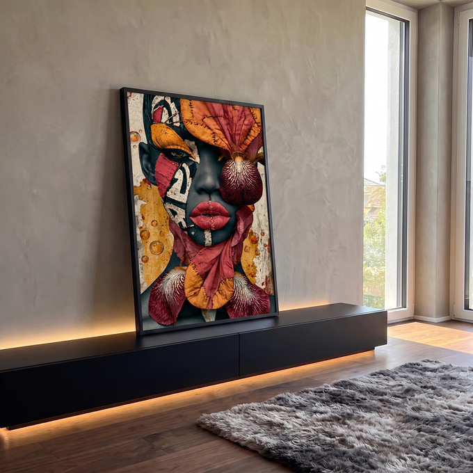 Quadro Decorativo Retrato Tribal com Retalhos e Flor | quadros decorativos para sala | rosto feminino com retalhos coloridos costurados e flor listrada ao lado | em Quadros para Sala | Porao dos Quadros