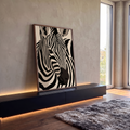 Quadro Decorativo Zebra em Close Preto e Branco Estilizado | quadros decorativos para sala | close-up de zebra em preto e branco com fundo bege claro | em Quadros para Sala | Porao dos Quadros