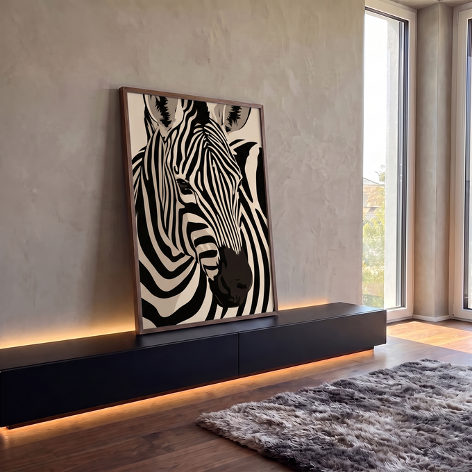 Quadro Decorativo Zebra em Close Preto e Branco Estilizado | quadros decorativos para sala | close-up de zebra em preto e branco com fundo bege claro | em Quadros para Sala | Porao dos Quadros