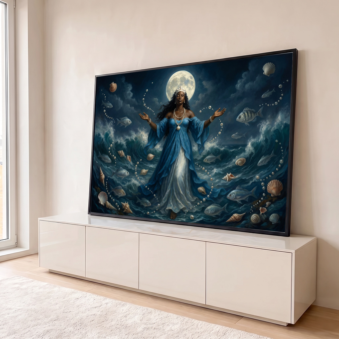 Quadro Decorativo Grande Deusa do Mar com Lua para Sala Azul | quadros decorativos para sala | mulher de vestido azul cercada de pérolas e peixes diante de lua cheia sobre o mar | em Quadros para Sala | Porao dos Quadros