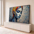 Rosto de mulher de olhos fechados em mosaico azul e cinza com cabelo vermelho e amarelo, quadro decorativo