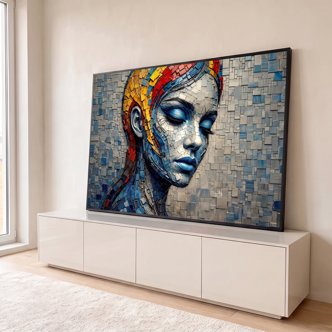 Rosto de mulher de olhos fechados em mosaico azul e cinza com cabelo vermelho e amarelo, quadro decorativo