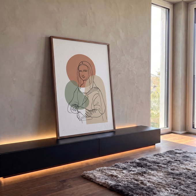 Mona Lisa desenhada em traço contínuo sobre círculo terracota, forma verde e arco bege, quadro decorativo