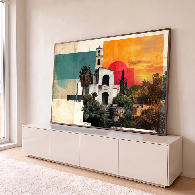 Colagem retrô de igreja colonial com torre sineira, palmeiras e sol vermelho no céu laranja, quadro decorativo