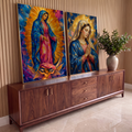 Quadro Decorativo Kit 2 Telas Nossa Senhora para Sala Azul | quadros decorativos para sala | duas imagens de Nossa Senhora em mosaico geométrico azul e dourado | em Quadros para Sala | Porao dos Quadros
