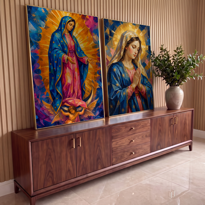 Quadro Decorativo Kit 2 Telas Nossa Senhora para Sala Azul | quadros decorativos para sala | duas imagens de Nossa Senhora em mosaico geométrico azul e dourado | em Quadros para Sala | Porao dos Quadros