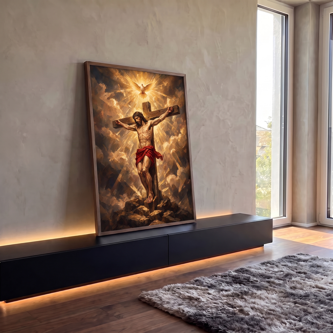 Quadro Decorativo Grande Jesus Crucificado para Sala Dourado | quadros decorativos para sala | Jesus crucificado com coroa de espinhos sob pomba branca iluminada em fundo dourado | em Quadros para Sala | Porao dos Quadros