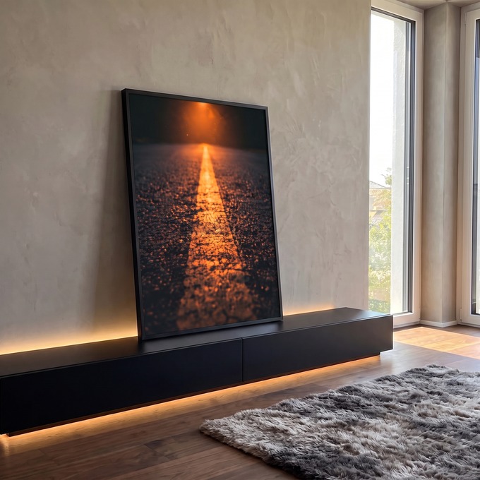 Fotografia de asfalto com faixa amarela iluminada por luz laranja ao entardecer, quadro decorativo