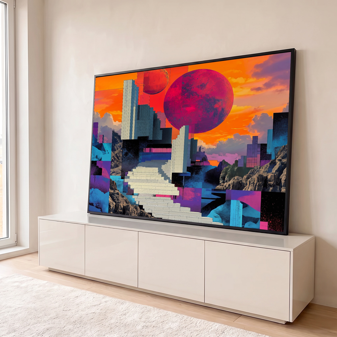 Quadro Decorativo Grande Escadaria Futurista para Sala | quadros decorativos para sala | escadaria branca futurista com dois planetas coloridos em céu laranja | em Quadros para Sala | Porao dos Quadros