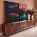 Quadro Decorativo Grande Cordilheira Nevada para Sala Azul | quadros decorativos para sala | cordilheira nevada com lago turquesa e céu rosa ao entardecer | em Quadros para Sala | Porao dos Quadros